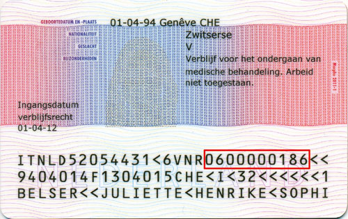 the back of an ID card showing the v-number in the netherlands