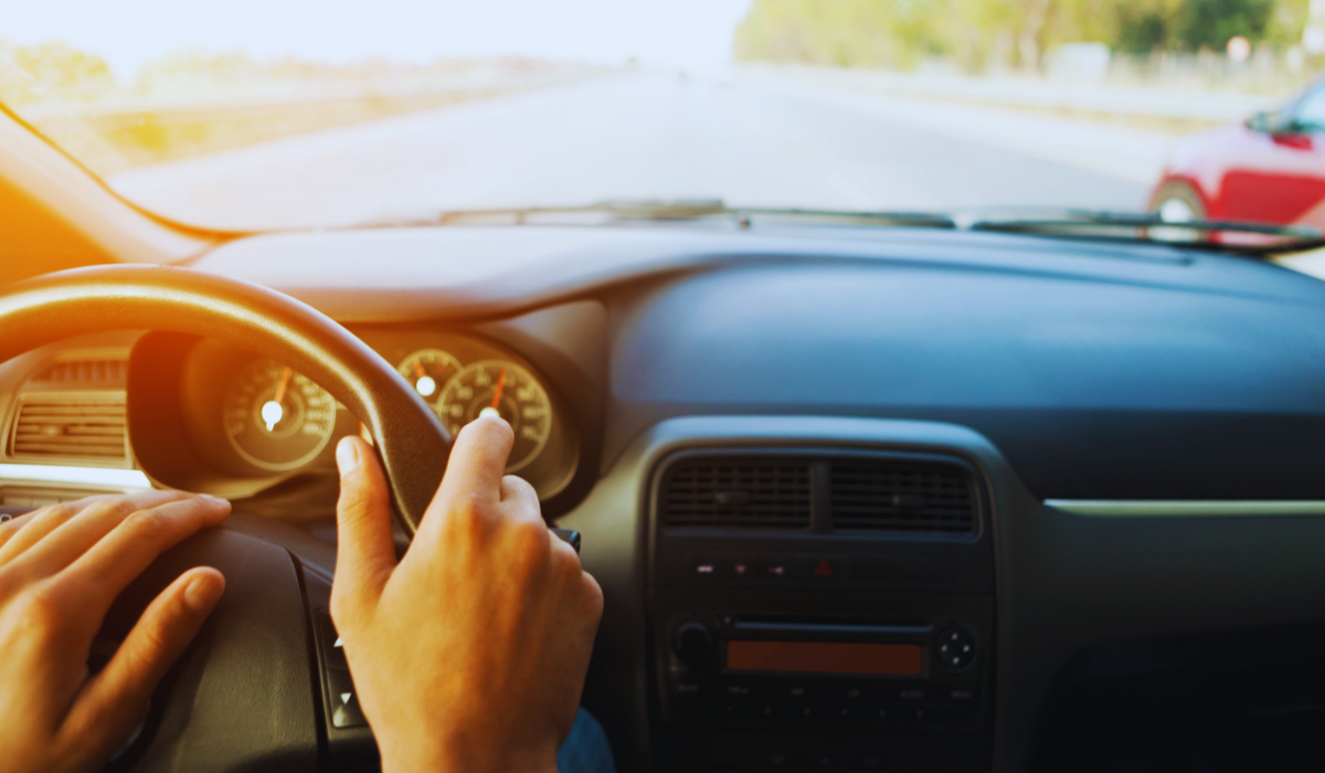 Inside a rental car on the road